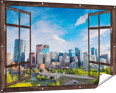 Gards Tuinposter Doorkijk Skyline Calgary Stad in Canada - 150x100 cm - Tuindoek - Tuindecoratie - Wanddecoratie buiten - Tuinschilderij