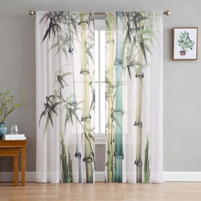 Groene Bamboe Bladeren Transparante Gordijnen Voor Woonkamer Tule Gordijn Voor Slaapkamer Keukenraam Voile Gordijnen 135W x 244H(cm)x2