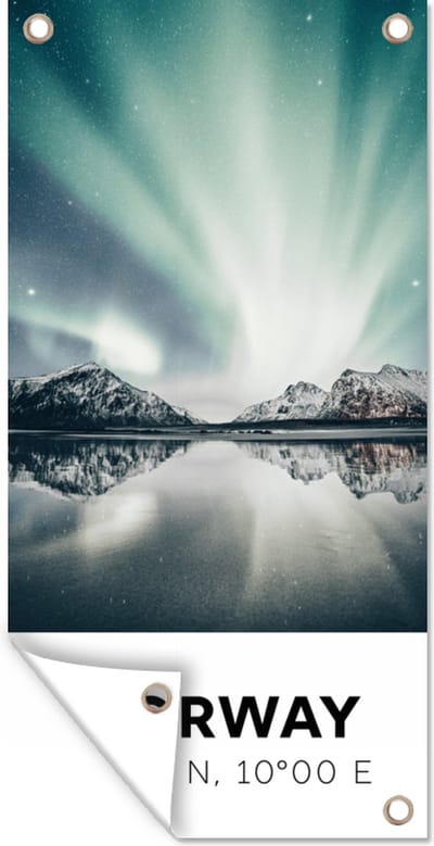 Schuttingposter Noorwegen - Noorderlicht - Meer - 100x200 cm - Tuindoek