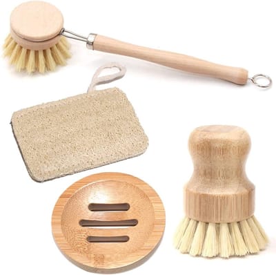Complete Keuken Reinigingsset - 4 Delen: Houten Schrobborstel, Bamboe Borstel, Zeepbakje en Loofah Doeken - Duurzaam, Natuurlijke Haren voor Kookgerei en Pannen