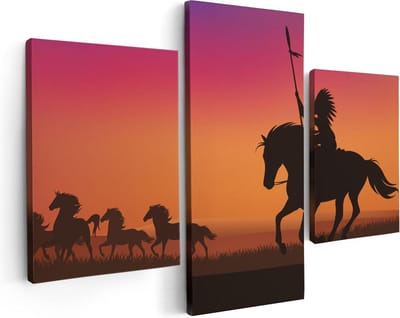 Artaza Canvas Schilderij Drieluik Silhouet van een Indiaan op een Paard - 90x60 - Foto Op Canvas - Canvas Print