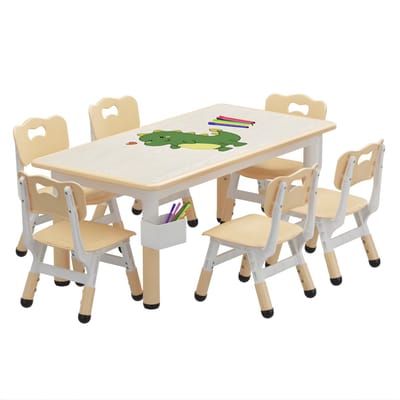 Kindertafel met 6 Stoelen - Kinder Speeltafel Set - Houtlook