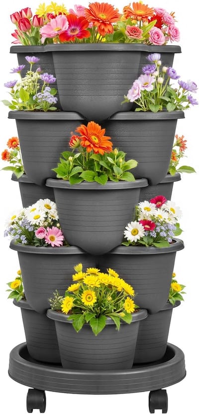 5-laagse Verticale Tuinplanter - Zelf-bewaterend Stapelbaar Plantenrek met Wielen - Geschikt voor Aardbeien Kruiden Bloemen en Groenten - Donkergrijs
