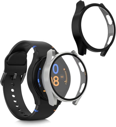 kwmobile 2x cover geschikt voor Samsung Galaxy Watch FE 40mm - Fitnesstracker cover van gehard glas en kunststof frame set zwart / zilver