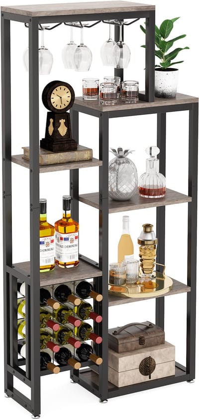 Amolass - Wijnrek - Wijnkast - Wijnglazenhouder - 9-Glazen - Muur - Staand - 12 Flessen - 175x30x80cm - Metaal/Hout - Industrieel