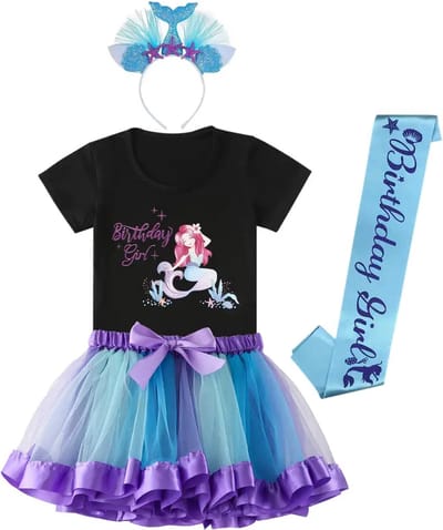 Verjaardagsrok - Zeemermin - Meisjes - Leeftijd 4 tot 5 Jaar - Tutu Rok - Kroontje - Verjaardagslint - Mermaid - Met Afbeelding Birthday Girl - Verjaardagsoutfit - Zwart T Shirt - Prinses Verjaardag - Thema Zeemeermin