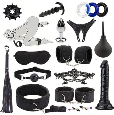 Oneay BDSM Extreme Bondage Set - 17 Delig -SM Handboeien - Dildo - Zweep / Anale plug / Tepelklemmen - Sex Toys voor Koppels - Seksspeeltjes voor mannen en vrouwen - Sex Pakket en Toys - Zwart