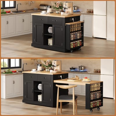 Mobiel Keukeneiland - Uitschuifbare Eettafel + Klapbare Bartafel + 7 Rollen + Verstelbare Opbergplanken - 132(235)×60×93 cm - MDF - Naturel
