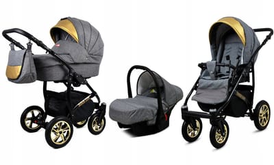BabyLux® Kinderwagen 3in1 – GOLDLUX - FLAXEN BLACK FRAME - Opklapbare Wandelwagen incl. Reiswieg, Multifunctionele Buggy Sportstoel, Autostoel - Combi-kinderwagen met Luiertas, Regenhoes, Klamboe, Bekerhouder, etc.