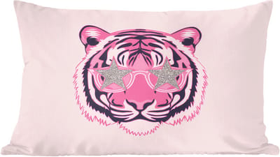 Sierkussens - Kussentjes Woonkamer - 60x40 cm - Tijger - Glitterzonnebril - Roze