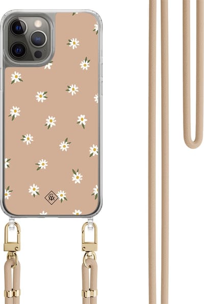 Casimoda® hoesje met beige koord - Geschikt voor iPhone 12 Pro - Sweet Daisies - Afneembaar koord - TPU/polycarbonaat - Bruin/beige