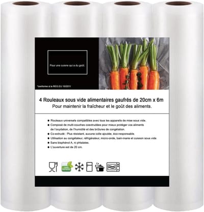 Famanu – Vacuümrollen voor levensmiddelen - reliëf - 20 cm x 6 m (x4) - professionele kwaliteit - voedselfolie - vacuüm - opbergzak - diepvrieszak - BPA