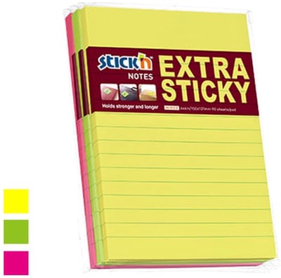 Stick'n Schrijfblokken - 152x101mm - Gelinieerd - Extra Sticky - Neon Kleuren - 3x90 Sticky Notes