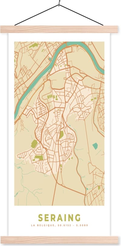 Posterhanger incl. Poster 60x120 cm - Schoolplaat - Plattegrond - Stadskaart - België - Seraing - Kaart - Textielposter - Blanke latten - Stadskaart
