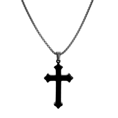 60cm x 3mm Jasseron-ketting met Kruis Unisex - RVS - Leliebloem Design - Ketting met Zwart Keramiek Kruishanger Dames - Heren