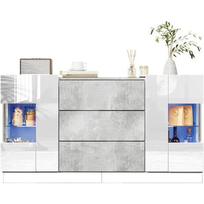 Buffet élégant, 2 portes et 3 tiroirs - Plateau en marbre blanc et gris brillant, éclairage LED 16 couleurs, 140 x 35 x 75 cm