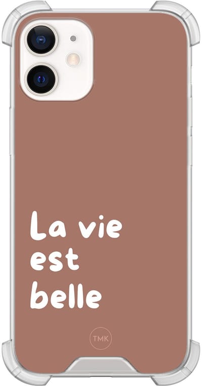 Shockproof hoesje geschikt voor Apple iPhone 12 mini - La vie est belle - Schokbestendig - Verhoogde randen - TPU case - Extra Sterke Back Cover - Tekst - Transparant, Bruin