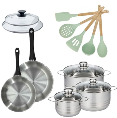 Set pannen 20/24 cm met deksels en 3 braadpannen 16/20/24 cm Fackelmann Genève met 5 keukengerei Oceaan