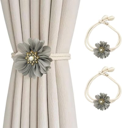 VHV - Gordijnclips - Gordijnophouders - Gordijn accessoires - Set van 2 - 3D bloemen - Verstelbaar - Decoratief - Voor woonkamer en slaapkamer - Luxe lichtgrijs