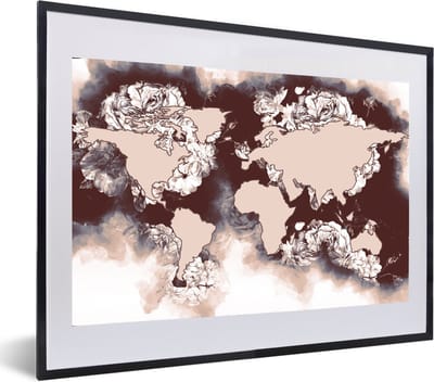Poster in lijst - Fotolijst 60x40 cm - Posters - Wereldkaart - Bruin - Rozen - Posterlijst zwart - Decoratie - Wanddecoratie woonkamer - Muurdecoratie slaapkamer