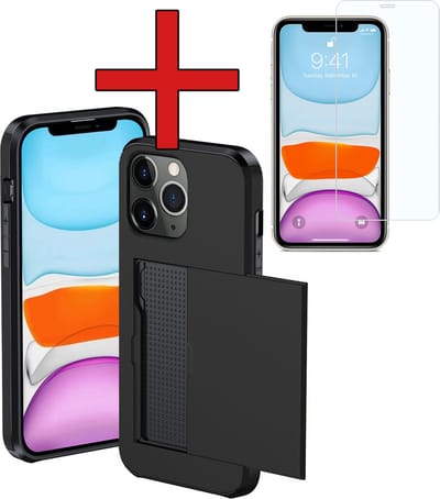 Hoesje Geschikt voor iPhone 11 Pro Hoesje Met Pasjeshouder Hard Case Met Kaarthouder Met Screenprotector - Hoes Geschikt voor iPhone 11 Pro Hoesje Pashouder Case - Zwart