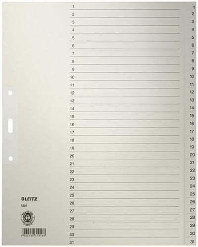 LEITZ tabbladen register A4, cijfers 1-10, grijs, 10-delig met verstevigde tabs