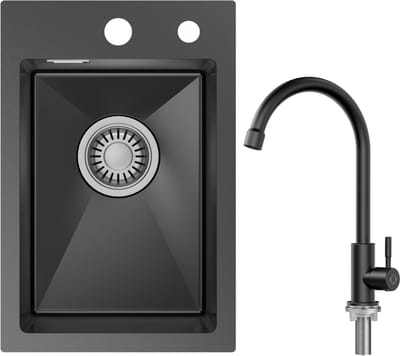 CECIPA max Spoelbak voor keuken 30x45 cm - Spoelbakken Keuken Met Koudwaterkraan - Wasbak Keuken Antraciet - Met Kraangat - incl. Afvoerzeefje en Sifon