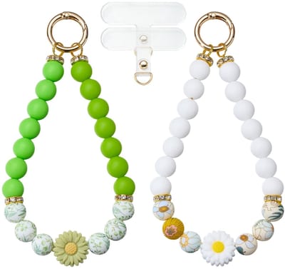 2Pc Kralen Telefoon Polsband Leuke Telefoon Charm Strap Polsband Polsbandje Met Daisy Siliconen Kralen Strass Spacers Voor Case Sleutelhangers Kaart Portefeuilles Afneembare
