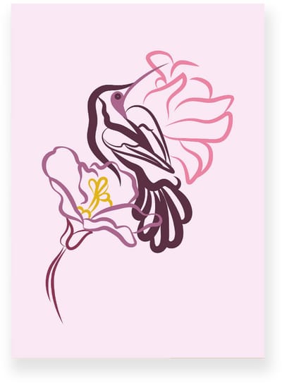 Poster 20x30 cm - Kolibrie - Vogel - Bloemen - Roze - Paars - Minimalistisch - Botanisch - Muurdecoratie - Wanddecoratie
