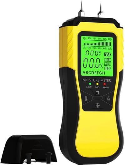 Intelectro Vochtmeter - Jouw Bondgenoot tegen Verborgen Vochtproblemen! - Nauwkeurige Metingen - Verschillende Modi - 3 Kleurindicatoren - Temperatuurdetectie in °C/°F - Freeze Functie - Antislip Materiaal - Geel - Levering Sneller dan Aangegeven!