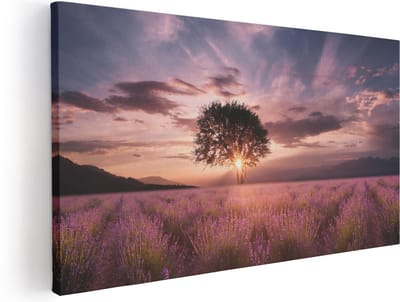Artaza Canvas Schilderij Lavendelveld - 40x20 cm - Klein - Wanddecoratie Boom - Muurdecoratie Zonsondergang - Schilderijen Op Canvas Bloemen