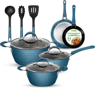 NutriChef Pannenset inductie, 11-delige Kookpannenset-Antiaanbak Kookgerei met Keramische Coating- Ergonomische Handgrepen- Inclusief Steelpan-Braadpan-Grote & Kleine Koekenpannen-Blauw