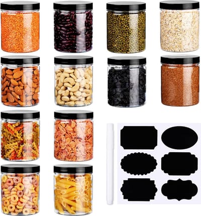12-delige set transparante plastic dozen met deksel, etiketten en pen - herbruikbare 500 ml voorraaddozen met deksel luchtdicht en navulbaar - voor noten, specerijen en knutselbenodigdheden
