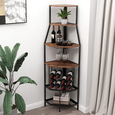 SnelShoppen - 5-lagens Hoek Wijnrek met Glashouder en Wijnopslag - Industrieel Bruin Zwart - Compact voor Keuken, Bar, Kelder, Eetkamer - Vintage Desi