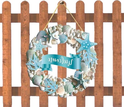 Deurbord Hout - Wanddecoratie Ornament - Huis Verwelkomen - Zeester Schelp Design - 30 cm - Blauw Wit