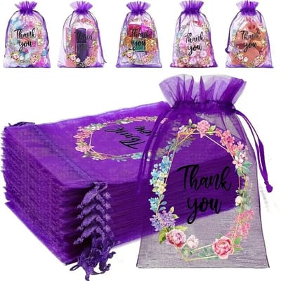 20x Organza Zakjes Met Print - Organza Met Opdruk - 10x15cm - Feestzakjes - Snoepzakjes - Cadeauzakjes - Uitdeelzakjes - Sieradenzakjes - Thank You Bloemenkrans - 10x15 cm - Paars - 20 Stuks