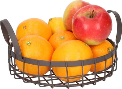 QUVIO Fruitschaal met Handvatten - Fruitmand - Draadstaal - Decoratieve Fruitschaal - Presenteerblad - Keukenaccessoire - Woonaccessoire - Rond - Bruin - Ø 20 cm