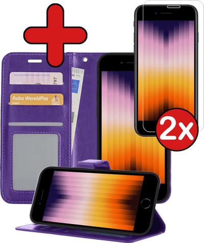 Hoesje - Met 2x Screenprotector - Geschikt voor Apple iPhone SE (2022) - Luxe Pasjeshouder - Flip Case - Bookcase Portemonee - Kunstleer Book Case - Flipcase Hoes - Book Cover - Walletcase - Portemonneehoes - Telefoonhoes - Paars
