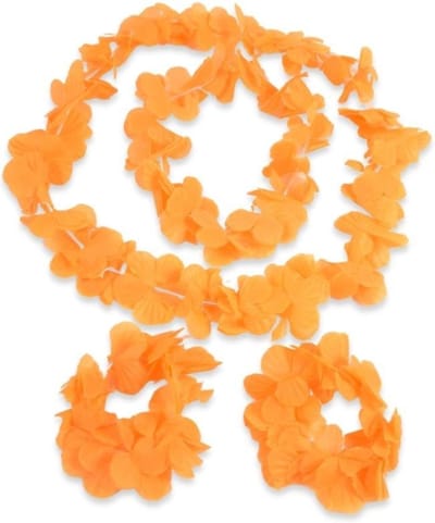 4-Delig Oranje Hawaii Kransen Set - Koningsdag - WK voetbal 2026 - Ketting - Hoofdkrans - 2x Polskrans - Bloemen Slingers - Oranje Accessoires