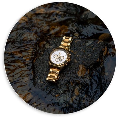 KuijsFotoprint - Schilderij - Goude Horloge Waterige Steen - Blauw, Beige En Goud - 60 X 60 Cm