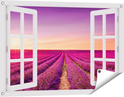 Gards Tuinposter Doorkijk Paarse Lavendel Bloemenveld - 90x60 cm - Tuindoek - Tuindecoratie - Wanddecoratie buiten - Tuinschilderij
