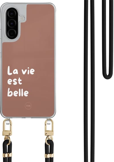 Telefoonhoesje met koord geschikt voor Samsung A36 - La vie est belle - Inclusief Zwart koord - Transparant, Bruin - Tekst - Crossbody beschermhoes - Met Telefoonketting