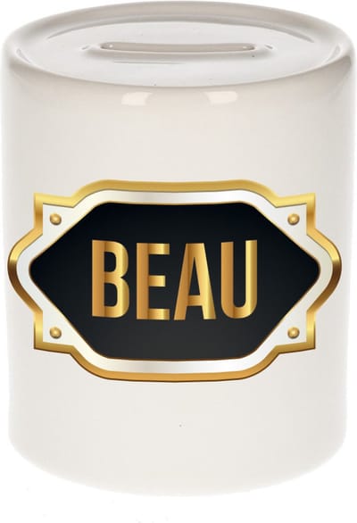 Spaarpot met voornaam Beau - wit - met goud/zwart embleem - 8 x 9 cm - keramiek - met afsluitdop - cadeau verjaardag