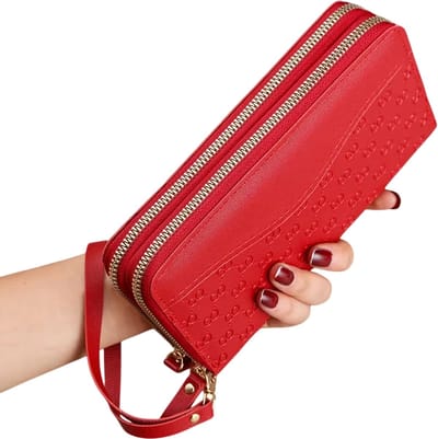 Nieuwe Dames Portemonnee Lange Rits – Mode Reliëf Portemonnee met Mobiele Telefoonvak, Grote Capaciteit, Stijlvolle Portemonnee, Leren Portemonnee Dames, Ruime Dames Wallet - Rood