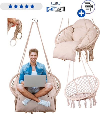 Hangstoel met XXL kussen 80 cm ecru - nestschommel met rugleuning en voetensteun - hangende stoel voor binnen en buiten - stevige touwen en metalen frame tot 120 kg tuin schommel stoel relax hangstoel met hoofdsteun Met Ebook