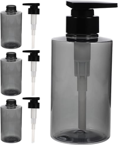 Set van 4 Herbruikbare 300ml Zeepdispenser met Pomp, Transparant en Grijs, Ideaal voor Douche en Shampoo in de Badkamer
