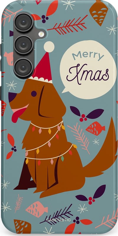 Casetastic hoesje geschikt voor Samsung Galaxy S23 FE - Dubbellaagse bescherming - Merry Christmas Hond - Fashion Case - Zilver Bruin Saliegroen Rood