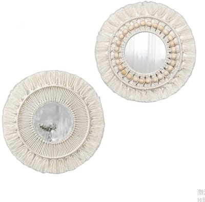 2 stuks - Spiegel - bohemian/boho spiegel - Wanddecoratie - Wandspiegel - 30*30*1cm - beige - katoenen draad