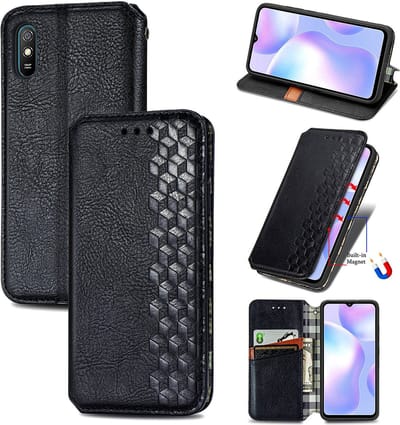Luxe PU Lederen Ruitpatroon Wallet Case + PMMA Screenprotector voor Xiaomi Redmi 9A _ Zwart