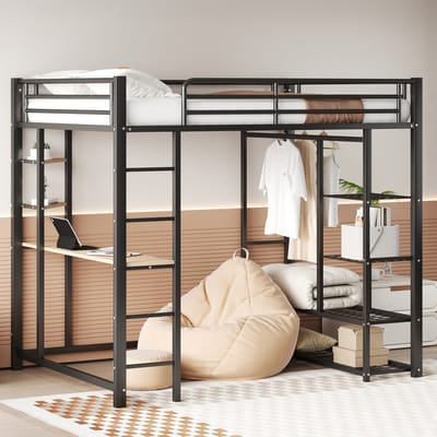 MEUNIQ hoogslaper 140x200 cm met ladder, bureau, kledingrek en opbergvakken, metalen bedframe met MDF details voor slaapkamer, zwart